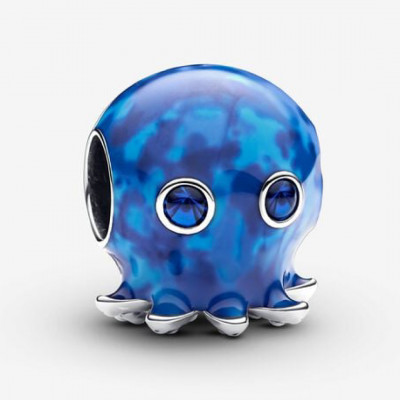 Octopus sterling silver charm with true blue crystal and blue enamel