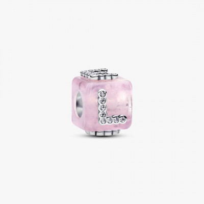 Love cube sterling silver charm with pink Murano glas and  clear cubic zirconia