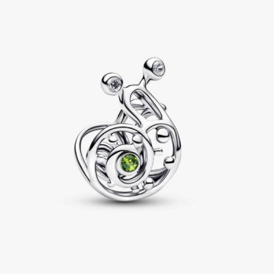 Snail sterling silver charm with light green crystal and clear cubic zirconia